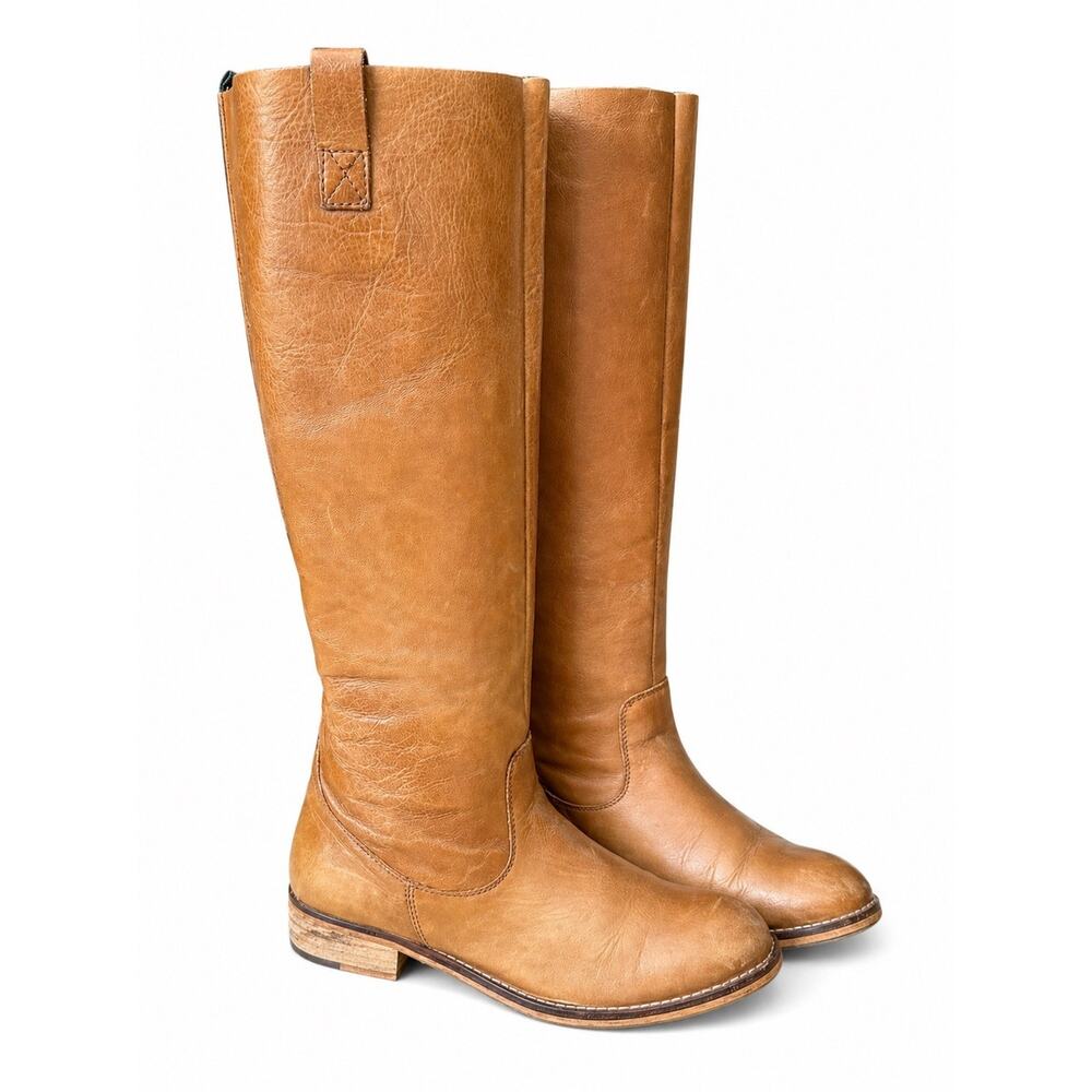 Aldo Camel Brown Leather Knee High Riding Boots Women 7.5 Pull On Flat Classic